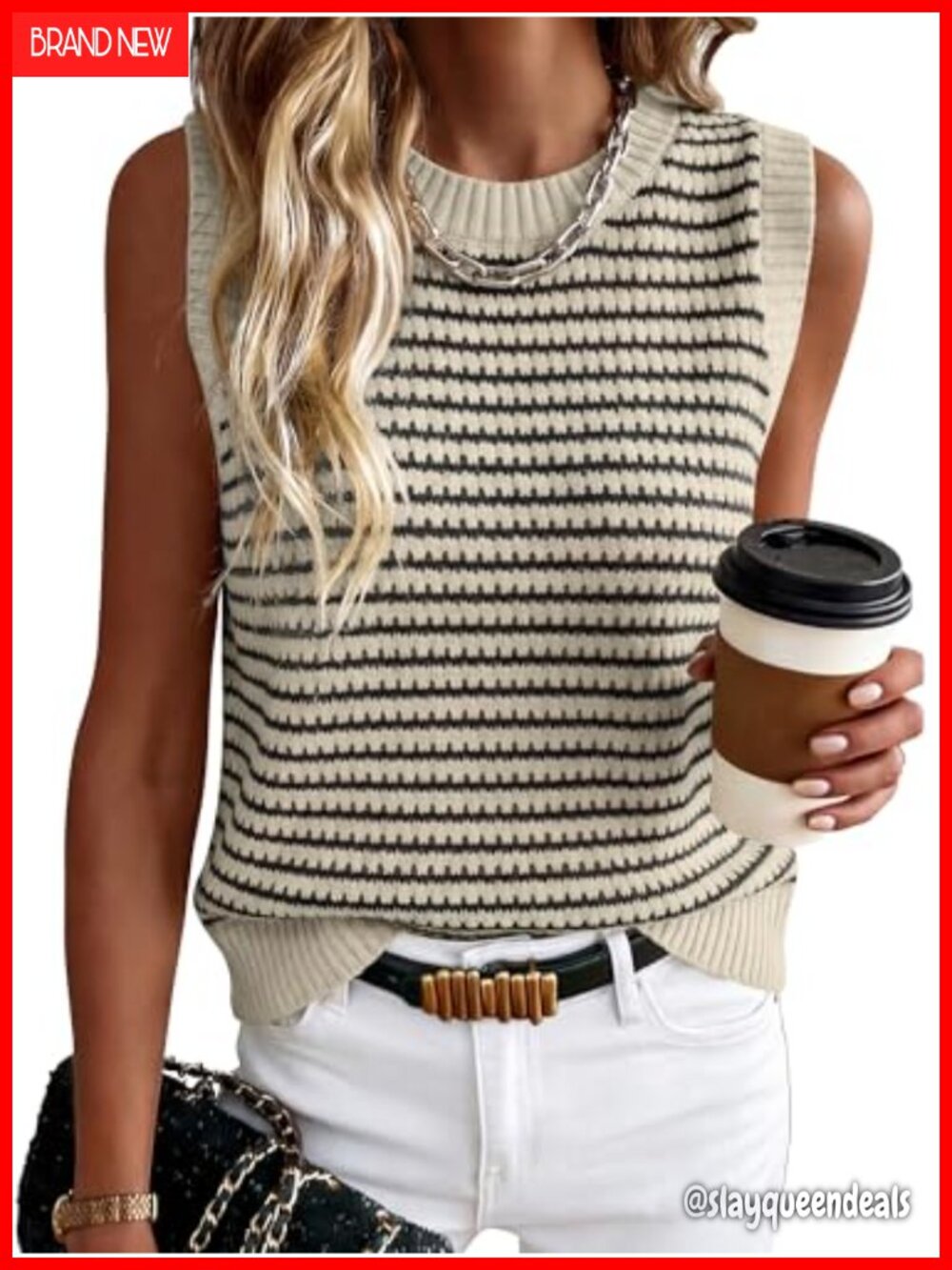 Sleeveless Knit Sweater Vest Striped Tank Top Boho Crochet Round Neck